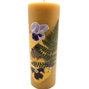 Pure Beeswax Pillar Natural Color Decorated with Dried Flowers 9 inches tall