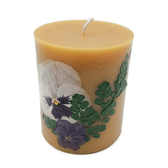 Beeswax Candle Pillar Natural Color Decorated with Dried Flowers 4 inches tall