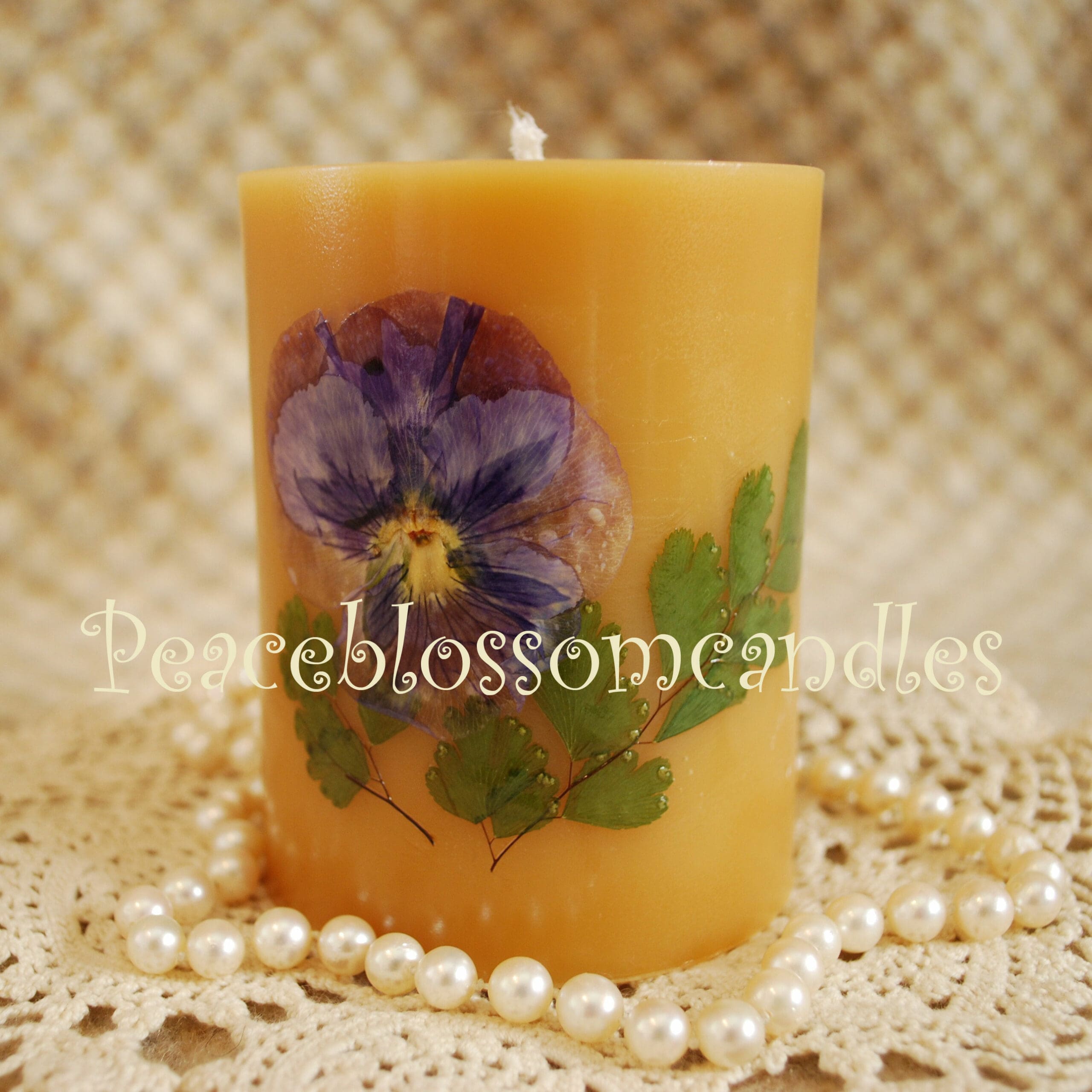 Beeswax Candle Pillar Natural Color Decorated with Dried Flowers 4 inches tall - Image 3