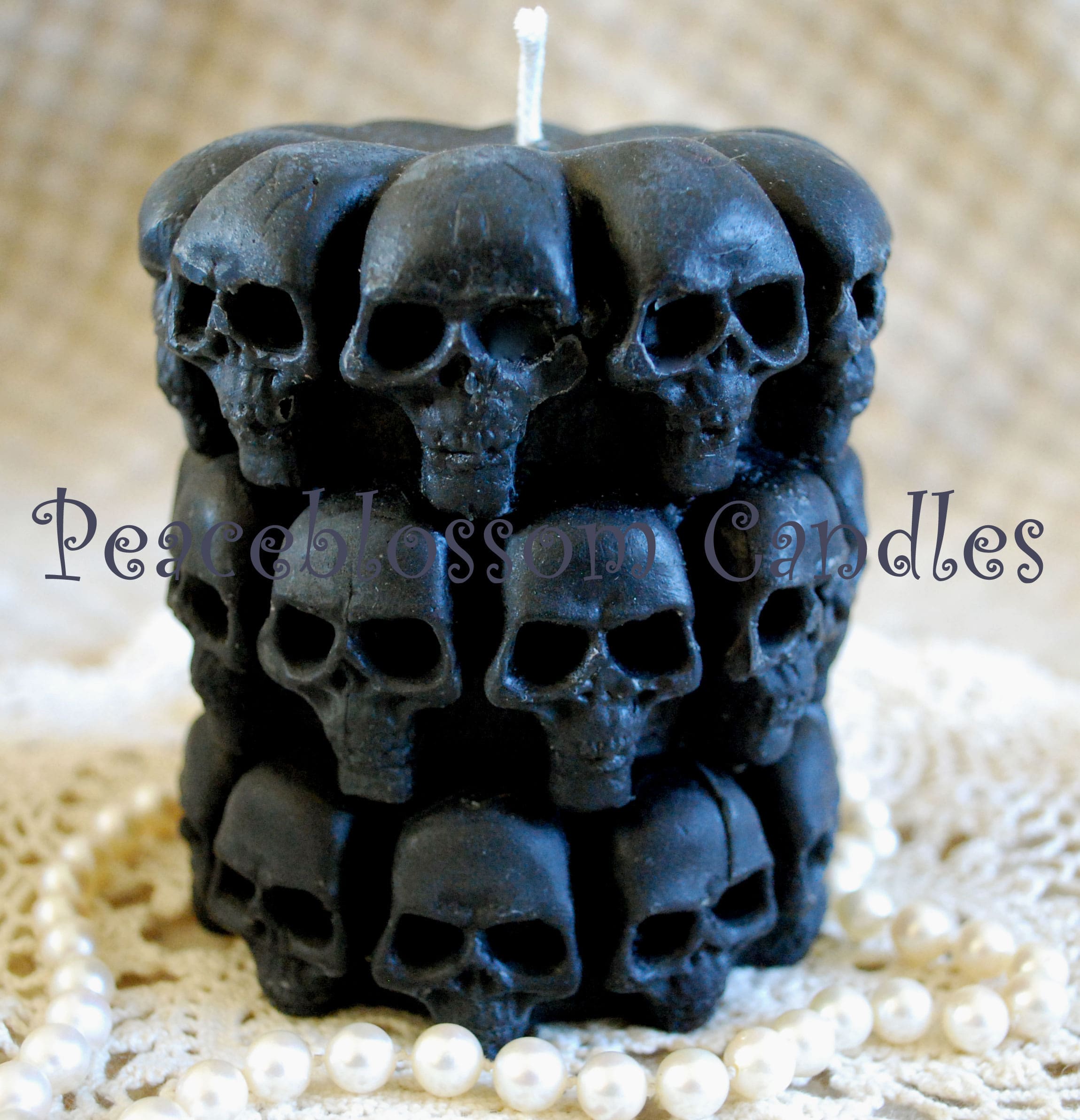 Pure Beeswax Embellished Skull Pillar Candle in BLACK