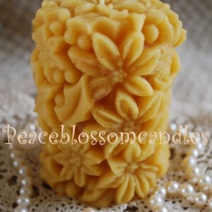 Beeswax Candle Pointsettia Covered Pillar Natural Gold Colo