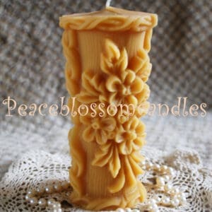 Beeswax Candle Pillar Raised Flower Design in Pure Oregon Beeswax