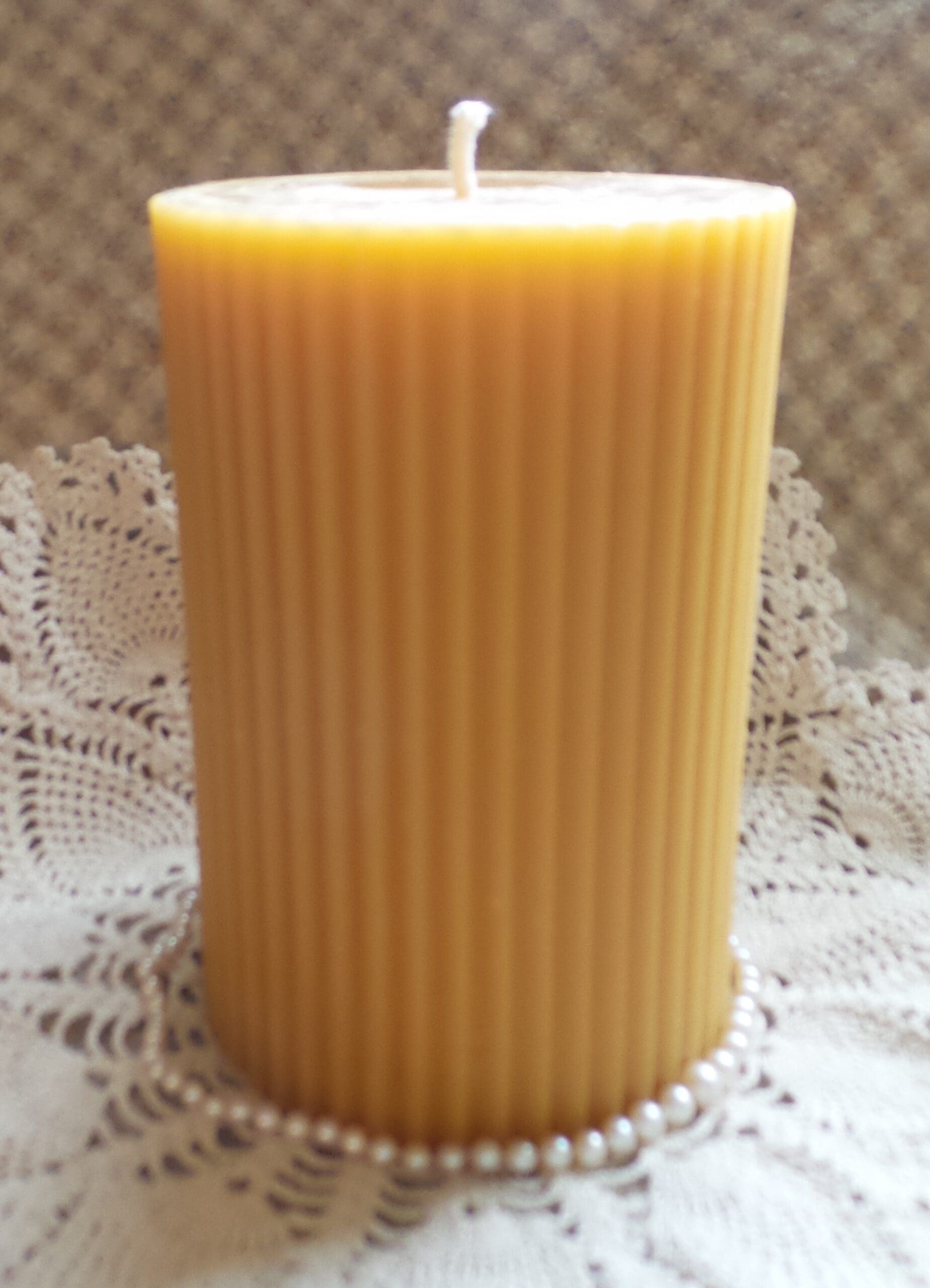Beeswax Candle Fluted Pillar 4" X 6.25" Tall Natural Gold Color - Image 3