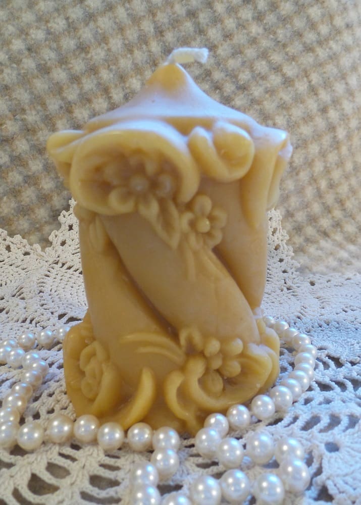Beeswax Candle Floral Swirl Large German Pillar