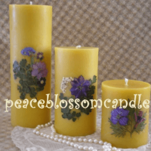Set of Three Pure Beeswax Pillars Decorated with Pressed Flowers, 4, 6 and 9 Inches Tall. SAVE on the Set.